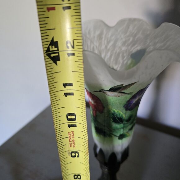 Vintage Tulip Electric Lamp Crimped Frosted Glass Hummingbird Floral Metal Foot - Picture 10 of 10